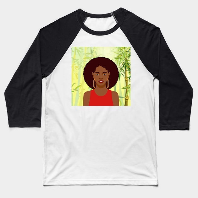 Set of hand drawn young attractive african american women, Landscape of bamboo stems and leaves background. No 3/3 Baseball T-Shirt by Modern Art